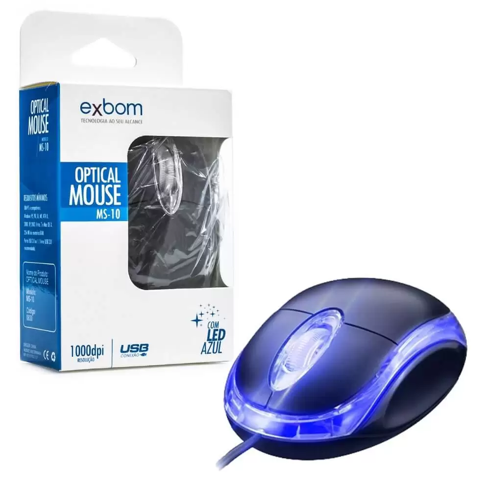 Mouse Optical MS-10 Exbom USB 1000dpi Preto com Led Azul