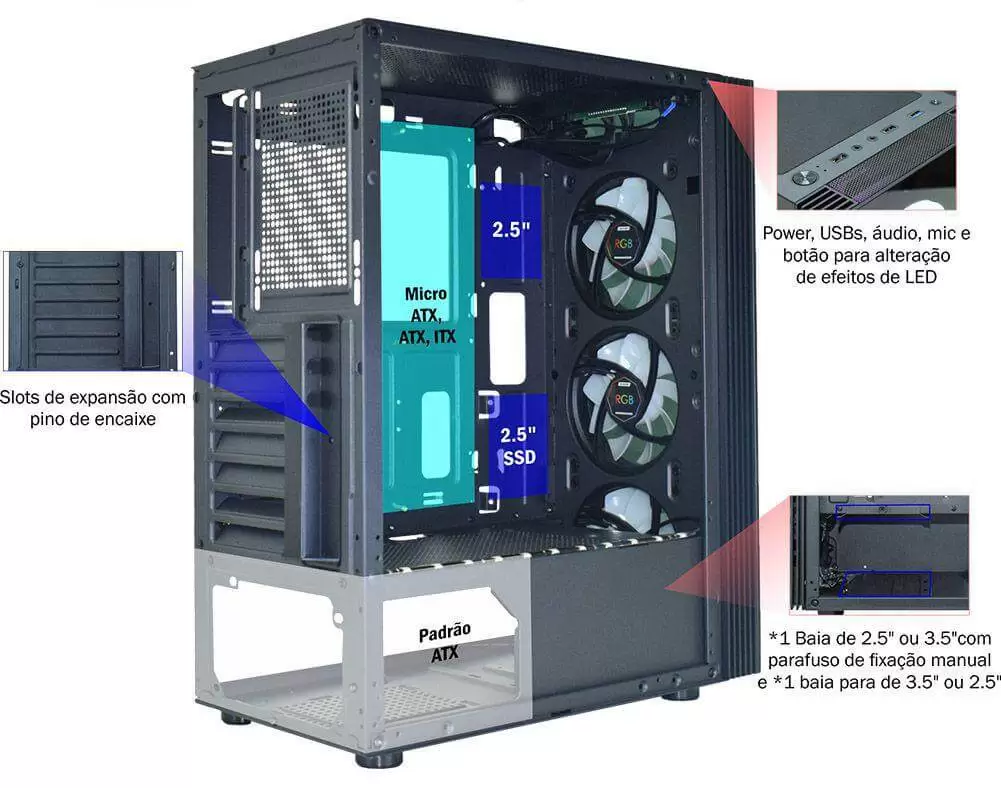 Gabinete Gamer Asgard Polygon CG-02Z5 K-Mex com 3 Coolers - Imagem 4