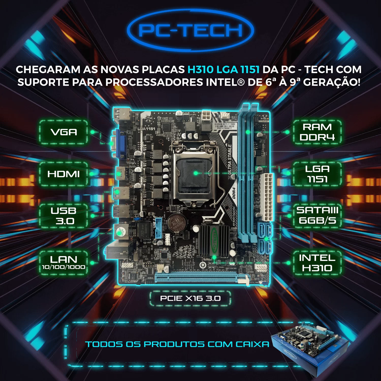 Placa Mãe H310 CNB LGA 1151 6ª/7ª/8ª e 9ª geração com USB 3.0 DDR4 VGA HDMI PCIE x16 3.0 PC-TECH Box - Imagem 2
