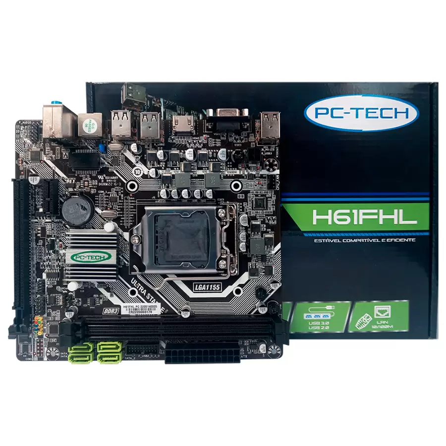 Placa Mãe H61 FHL LGA 1155 2ª e 3ª geração com USB 3.0 DDR3 VGA HDMI PCIE x16 2.0 PC-TECH BOX