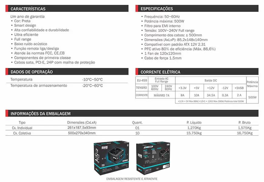 Fonte de Alimentação ATX 500W GAMER K-MEX EU459 - 80PLUS WHITE FCC CE CB BOX - Imagem 5